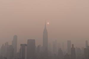 New york city skyline with air pollution due to fires