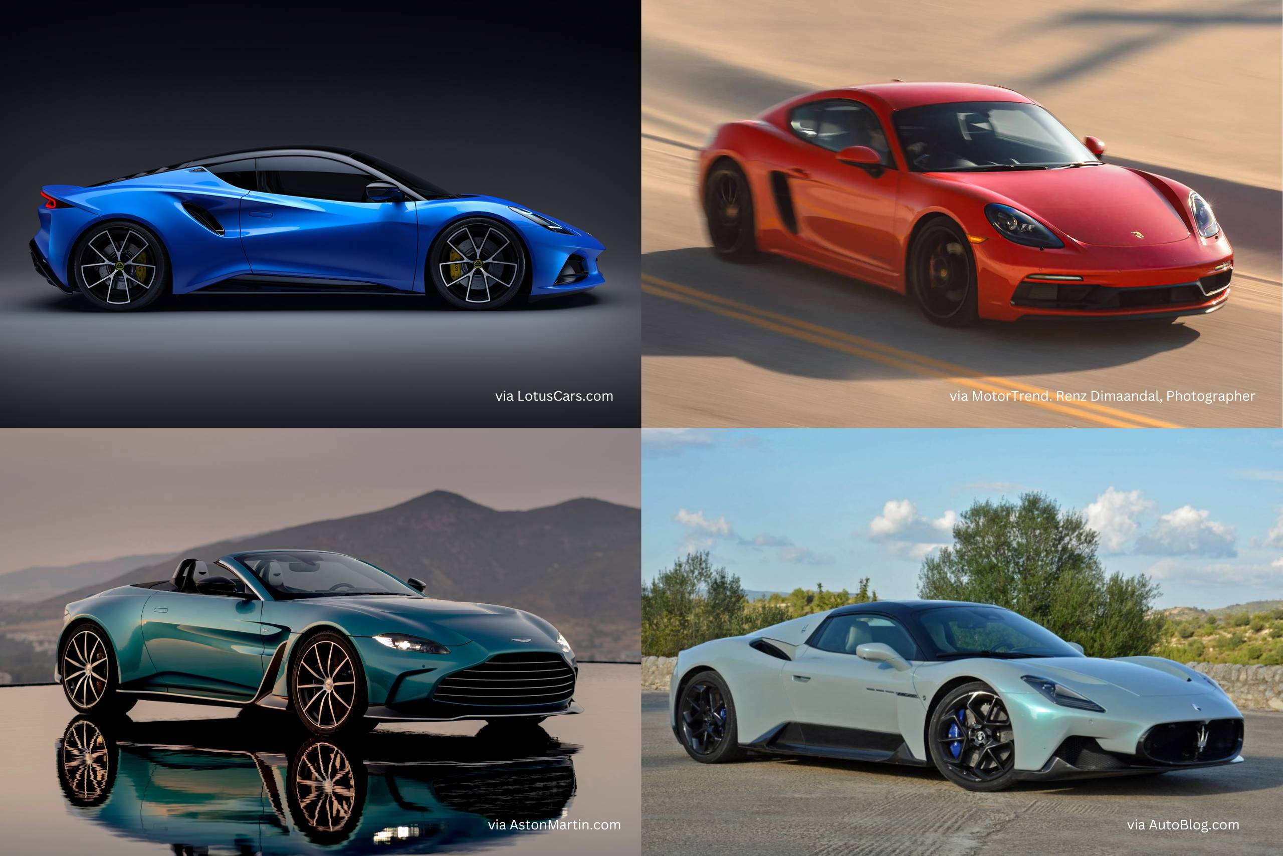 Photo of the Lotus Emira, Porsche Cayman GTS 4.0, Aston Martin Vantage, Audi R8, Maserati MC20. Most Underrated Exotic Cars in 2023