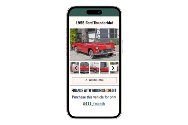 screenshot of a vehicle listing site with Woodside's low monthly payments