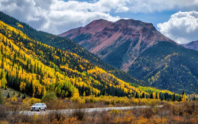 Million dollar highway in fall with bright yellow colors